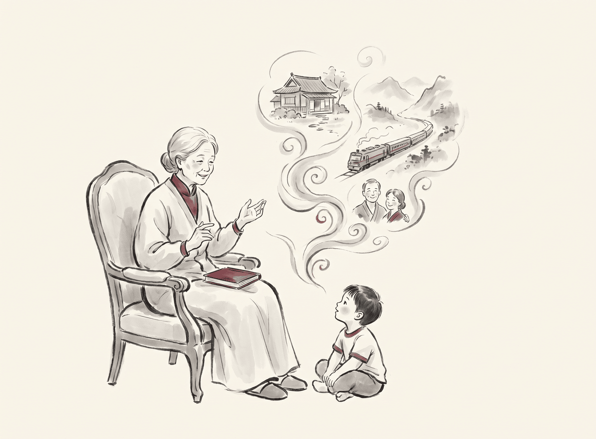 Une grand-mère raconte une histoire à son petit-enfant, dessin à l’encre