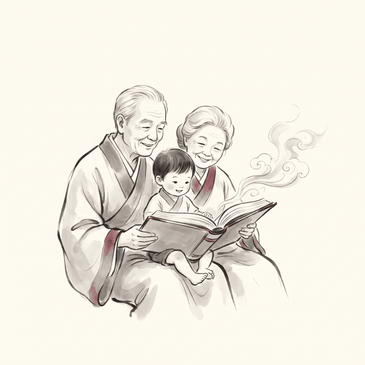 Des grands-parents racontent une histoire à leur petit-enfant